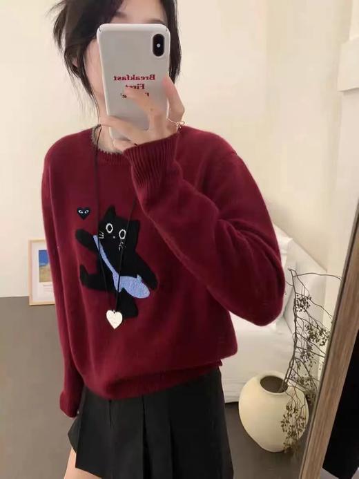 D112041宽松慵懒立体黑色小猫图案圆领毛衣针织衫 商品图3