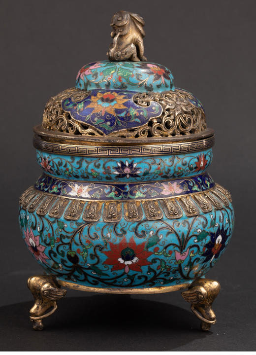 独角鹿西洋古董19世纪早期中国出品铜胎掐丝珐琅缠枝莲纹三足熏炉 商品图3