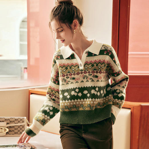 OLrain欧芮儿法式套头毛衣女秋季2025年新款趣味提花polo领针织衫 商品图3