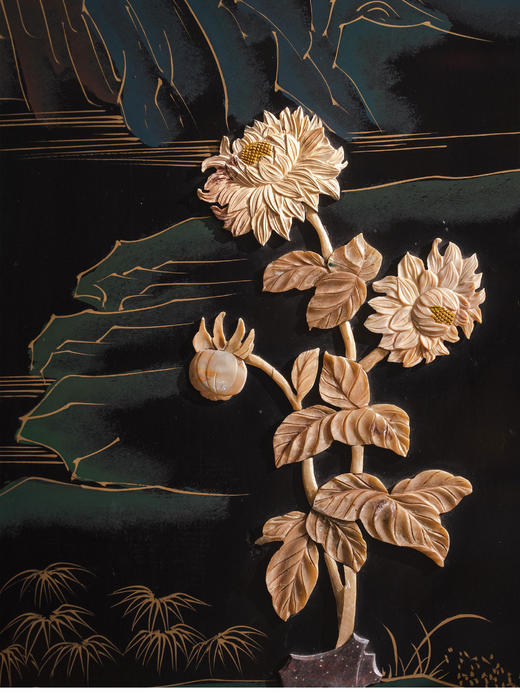 【已售】独角鹿西洋古董20世纪中国创汇时期出品「玉堂春暖」主题硬石镶嵌黑漆描金屏风 商品图3