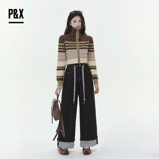 P&X设计师女装2025冬季阔腿加绒翻边复古牛仔长裤 825410159 藏青 商品图1
