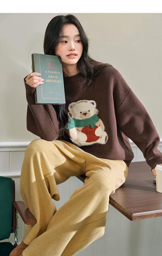 D112059棕色小熊毛巾刺绣软糯圆领毛衣女装宽松打底针织衫 商品图8