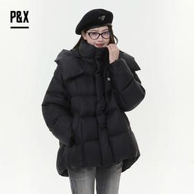 P&X设计师女装2025冬季宽松简约连帽短款羽绒服825424177 黑色