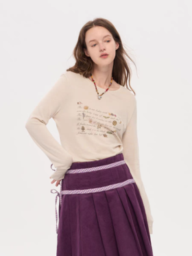 local tag/lt25awk09/丰收祝福手写信 复古印花基础长袖圆领T恤上衣