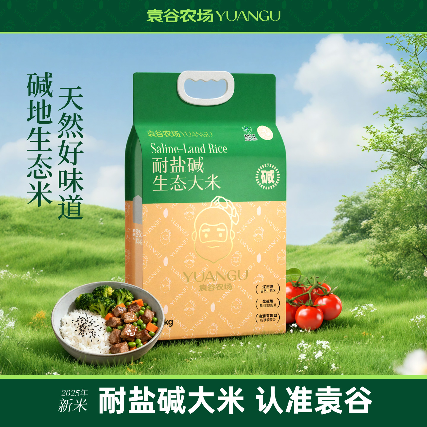 袁谷农场耐盐碱生态大米5kg东北盐碱地无污染蟹稻共生生态长粒米10斤双层真空包装