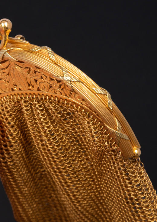 独角鹿西洋古董1900年代法国出品新艺术风格自然花叶纹精雕装饰18K黄金网状编织零钱包 商品图8