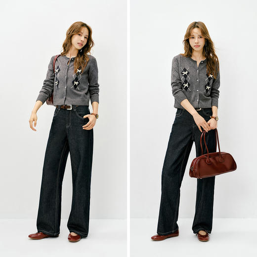 森马针织开衫女冬季短款蝴蝶结菱格假两件2025新款甜美少女感毛衫 商品图4