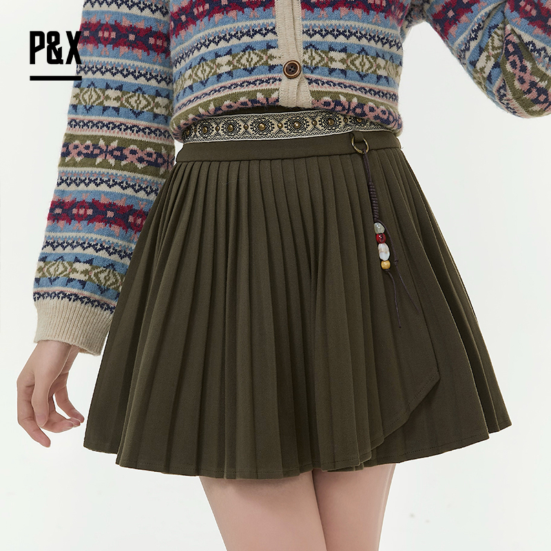 P&X设计师女装2025冬季百褶裙A字复古半身短裙 825407094 绿色