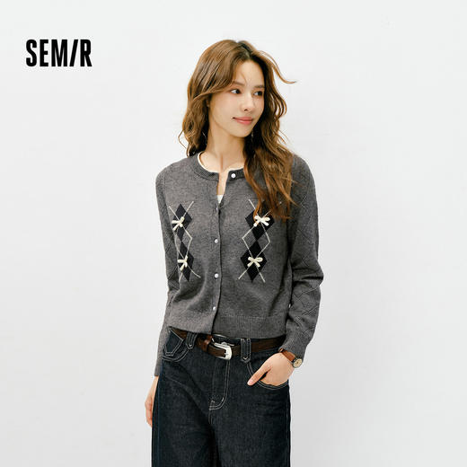 森马针织开衫女冬季短款蝴蝶结菱格假两件2025新款甜美少女感毛衫 商品图0