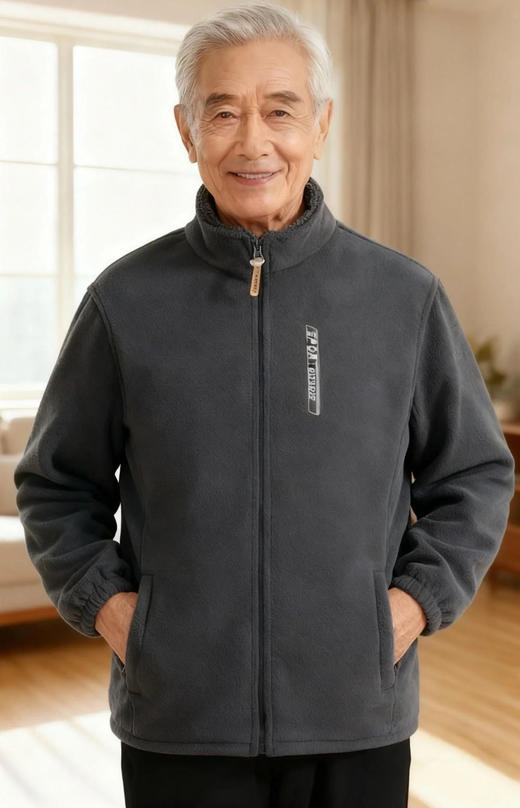 御寒神器 秋冬摇粒绒外套男中老年外套中年爸爸加厚外套加绒加厚宽松立领开衫抓绒上衣卫衣中老年爸爸装 商品图2