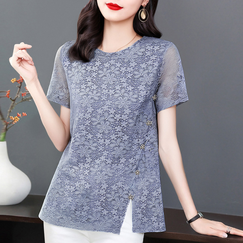 短袖蕾丝上衣女2025年夏季新款大码女装女士t恤宽松漂亮小衫高级