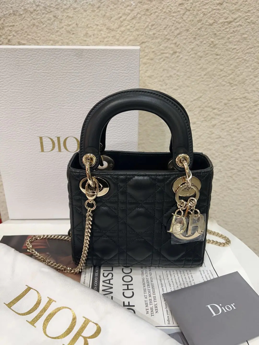 Dior 藤格纹 三格 黑金 羊皮 戴妃包