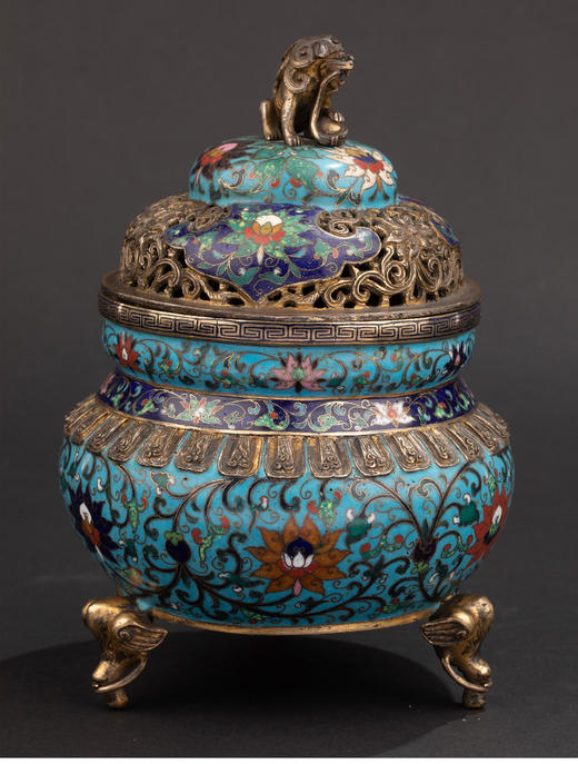独角鹿西洋古董19世纪早期中国出品铜胎掐丝珐琅缠枝莲纹三足熏炉 商品图2