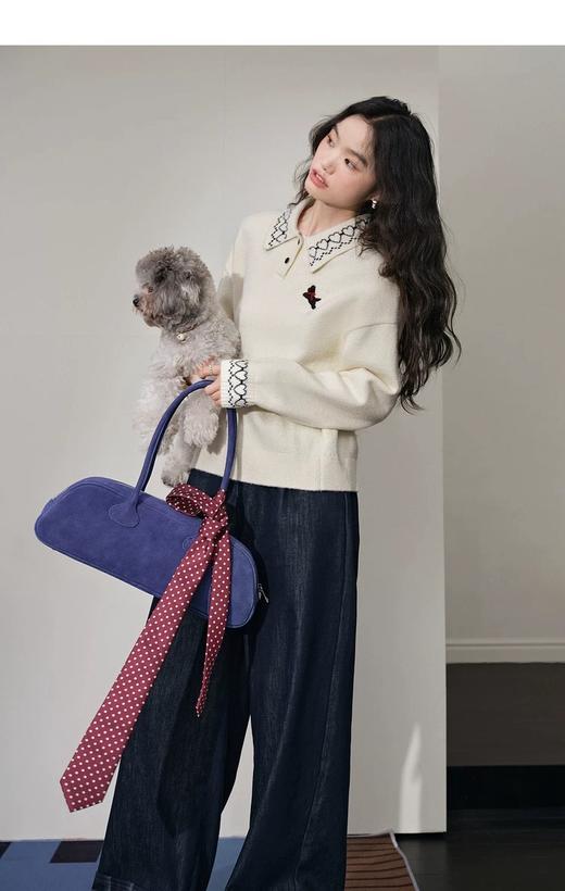 D112057杏色polo领刺绣毛衣女2025秋冬季新款气质软糯显瘦针织衫短款 商品图13