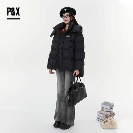 P&X设计师女装2025冬季宽松简约连帽短款羽绒服825424177 黑色 商品图2