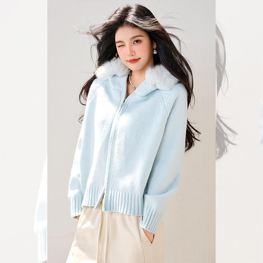 西遇双拉链毛领连帽毛衣外套女冬季新款蓝色短款软糯针织衫SS051861 商品图3