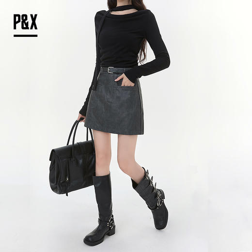 P&X设计师女装2025冬季A字显瘦百搭高腰PU半身短裙825407097 灰色 商品图6