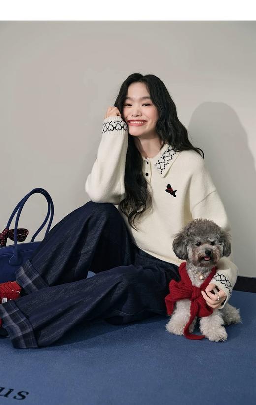 D112057杏色polo领刺绣毛衣女2025秋冬季新款气质软糯显瘦针织衫短款 商品图6