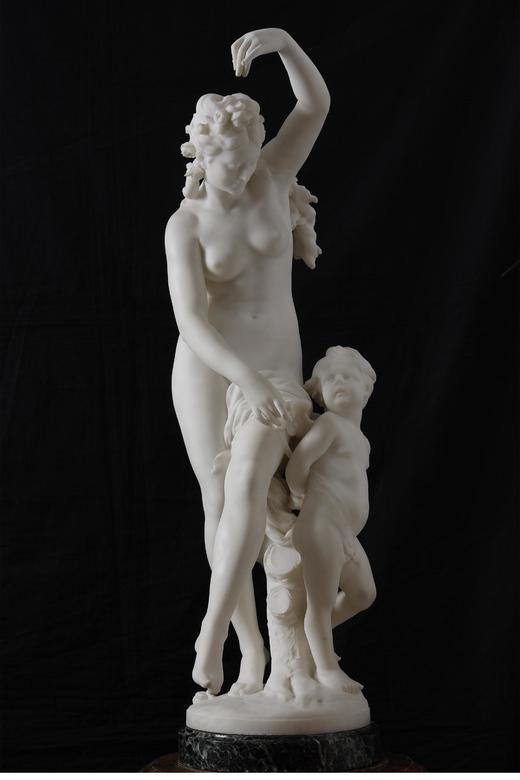 独角鹿西洋古董1890年代法国雕塑家Émile Boisseau签名出品卡拉拉大理石雕塑「维纳斯与丘比特Venus and Amor」 商品图0