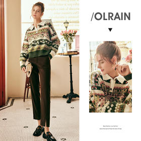 OLrain欧芮儿法式套头毛衣女秋季2025年新款趣味提花polo领针织衫