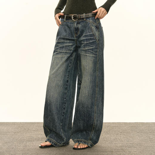 Ariseism 美式复古设计感宽松阔腿牛仔裤秋季新款长裤子 商品图0