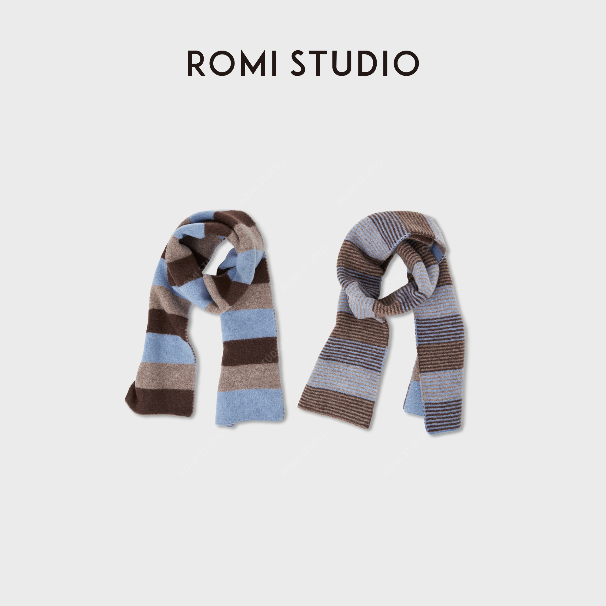 ROMISTUDIO“双面提花”100%绵羊毛针织撞色条纹围巾RWCWP36999