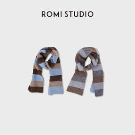 ROMISTUDIO“双面提花”100%绵羊毛针织撞色条纹围巾RWCWP36999