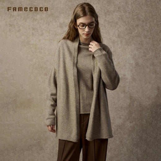 Famecoco手工刺绣羊绒披肩宽松慵懒风驼色针织开衫FAC8DA001 商品图1