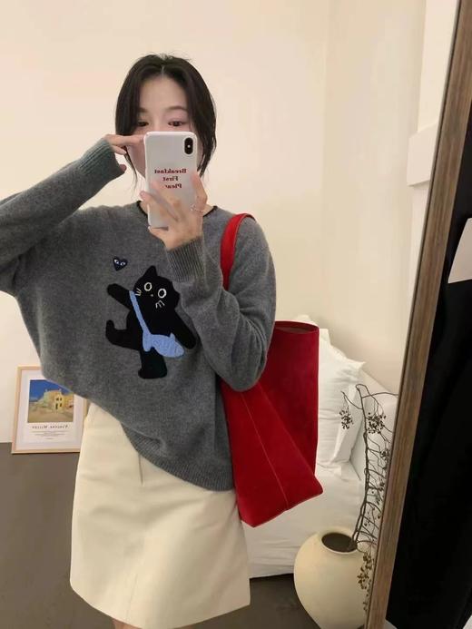 D112041宽松慵懒立体黑色小猫图案圆领毛衣针织衫 商品图7