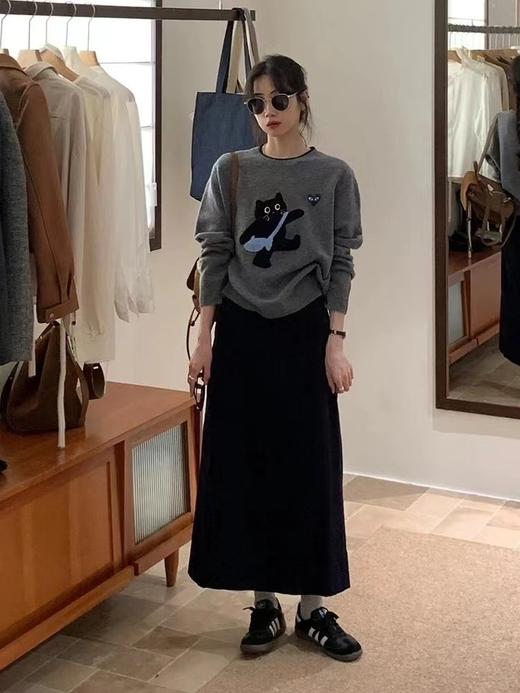 D112041宽松慵懒立体黑色小猫图案圆领毛衣针织衫 商品图5