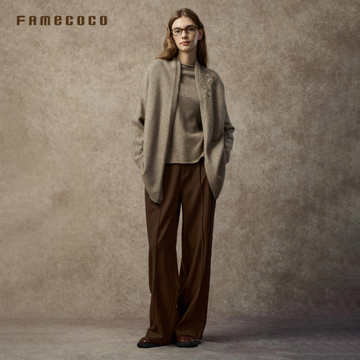 Famecoco手工刺绣羊绒披肩宽松慵懒风驼色针织开衫FAC8DA001 商品图4