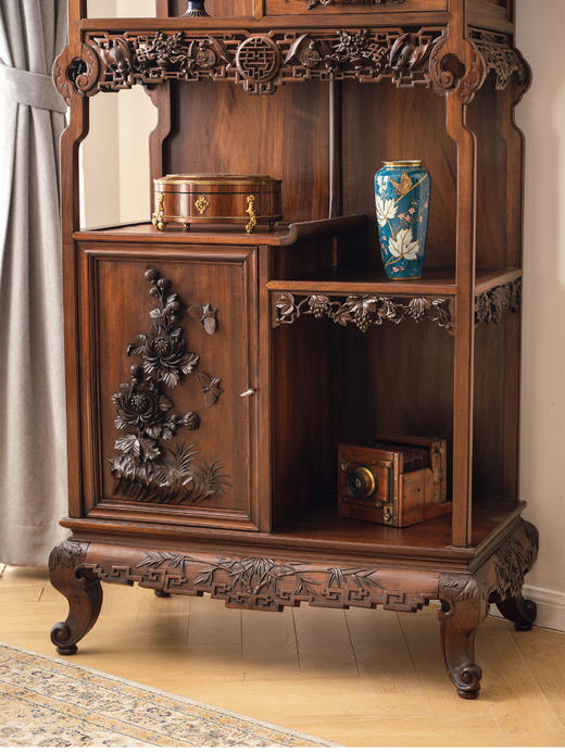 独角鹿西洋古董20世纪初法国出品维多东方风格高浮雕祥龙花纹装饰缅甸花梨木多宝阁 商品图3