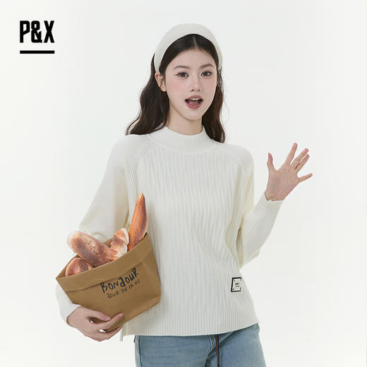 P&X设计师女装2025冬季时尚简约宽松休闲短款毛衣 825418186 杏色 商品图0