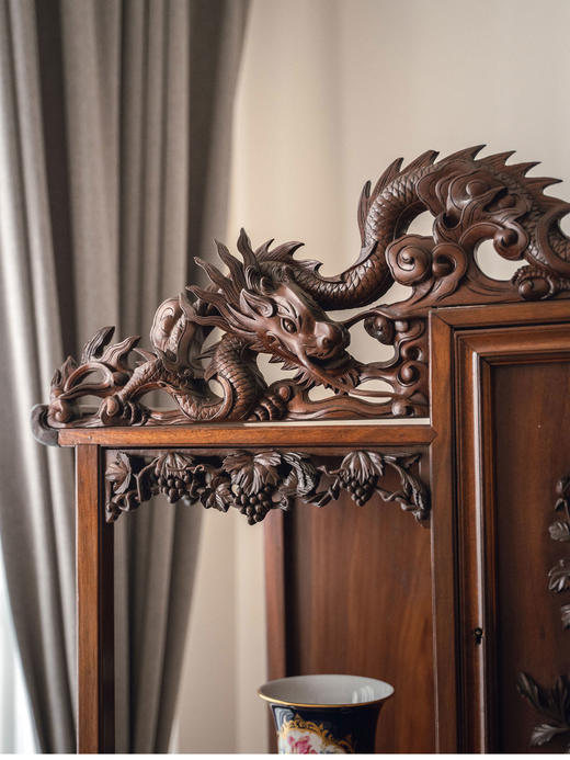 独角鹿西洋古董20世纪初法国出品维多东方风格高浮雕祥龙花纹装饰缅甸花梨木多宝阁 商品图4