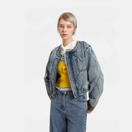 HERLIAN 2025冬季新品千鸟格袖口拼接牛仔短外套女士 商品图2