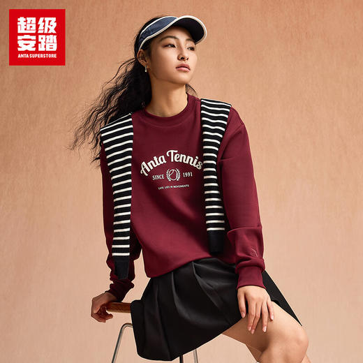 超级安踏加绒圆领卫衣女士秋冬抓毛保暖复古网球风套头衫上衣女162548702U 商品图0