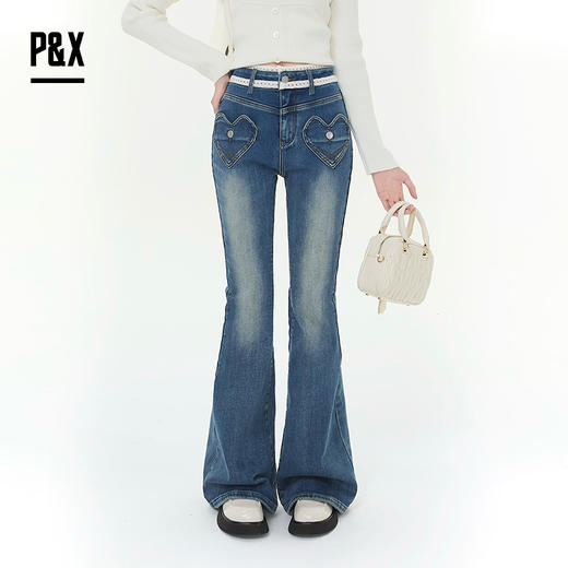 P&X设计师女装2025冬季女喇叭裤牛仔长裤复古港风 825410174 蓝色 商品图6