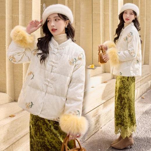 HR HJY257753中式羽绒服气质优雅国风白鸭绒外套狐狸毛袖口 商品图2