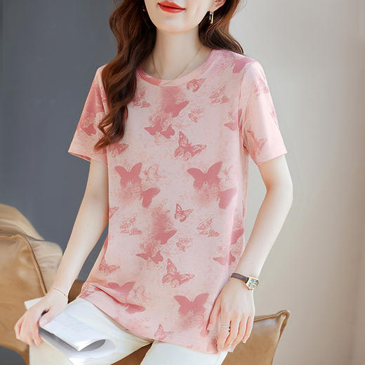 冰丝短袖t恤女士夏装新款时尚洋气小衫大码印花上衣中长款打底衫 商品图2