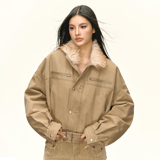 Ariseism 美式复古设计感可拆卸毛领棉服外套女秋冬新款上衣 商品图0