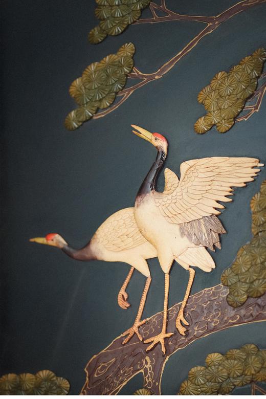 【已售】独角鹿西洋古董20世纪中国创汇时期出品「松鹤延年」主题硬石镶嵌五曲屏风 商品图4