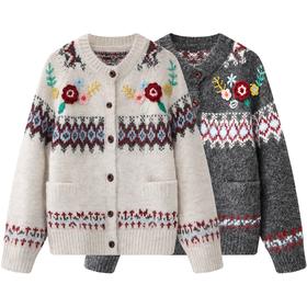 D112060立体钩花费尔岛针织开衫毛衣外套上衣女