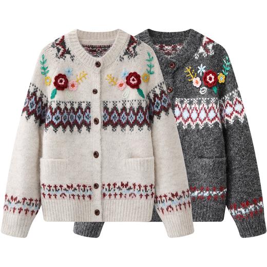 D112060立体钩花费尔岛针织开衫毛衣外套上衣女 商品图0