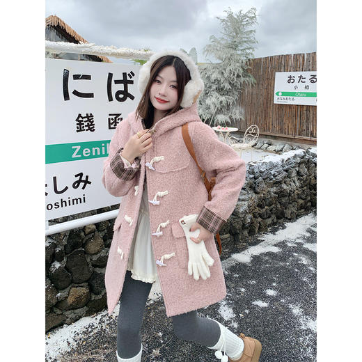 <曾小咸推荐> 现货秒杀！微信超特价！粉色连帽毛呢外套中长款牛角扣 日常339.99 立减160 秒杀179.99！ 商品图1