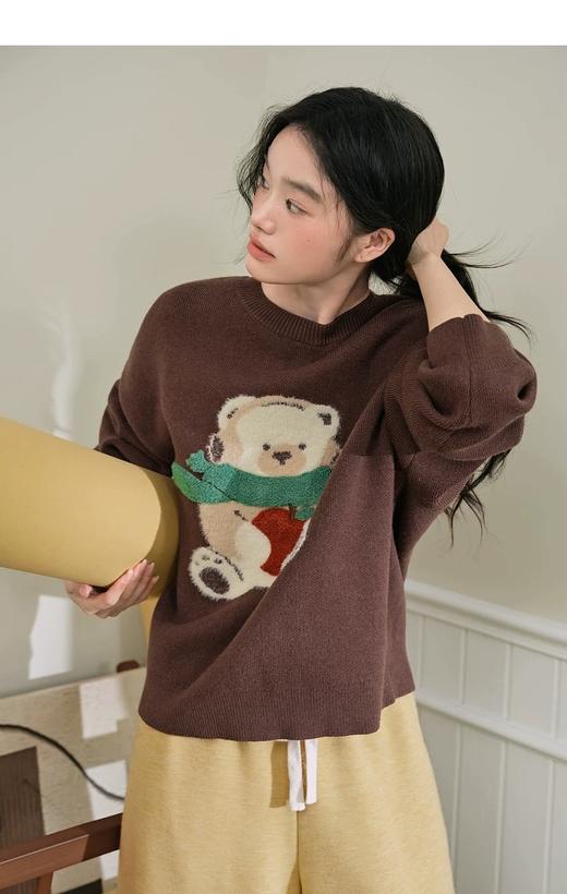 D112059棕色小熊毛巾刺绣软糯圆领毛衣女装宽松打底针织衫 商品图11