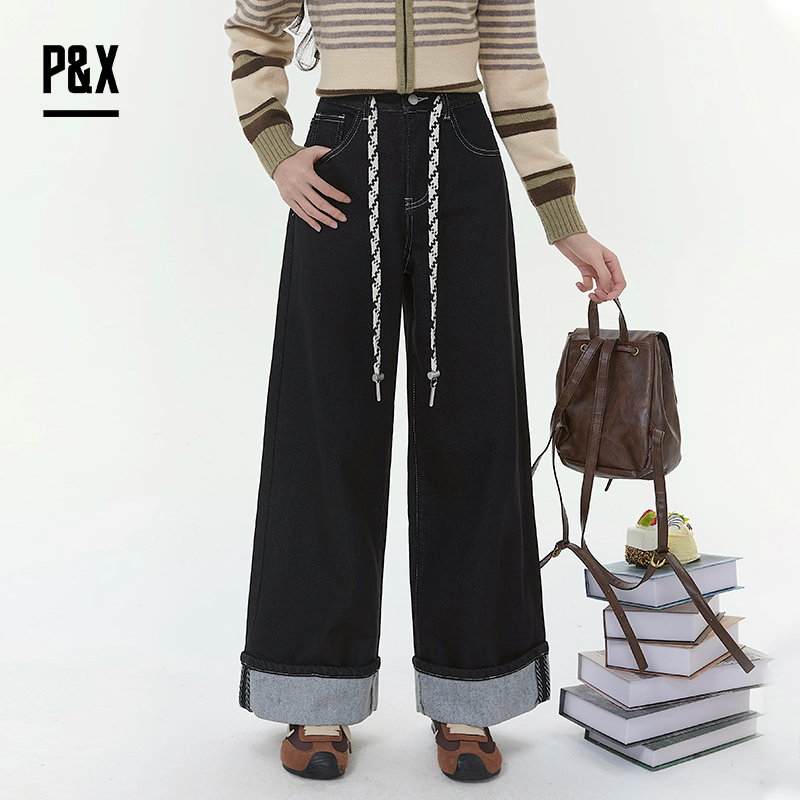 P&X设计师女装2025冬季阔腿加绒翻边复古牛仔长裤 825410159 藏青