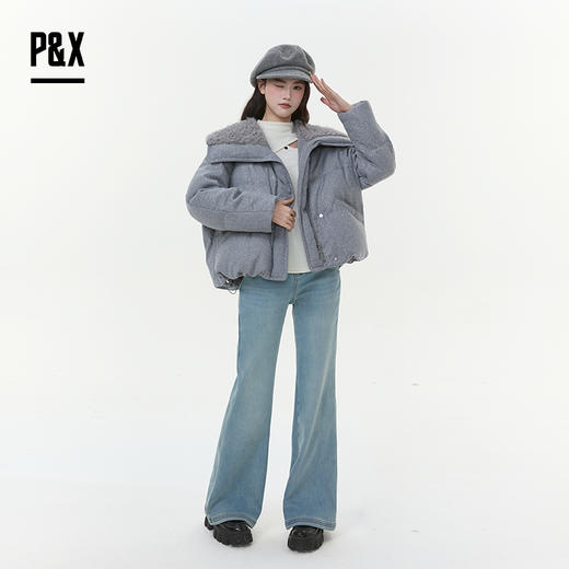 P&X设计师女装2025冬季羊羔绒翻领时尚短款羽绒服825424060 灰色 商品图2