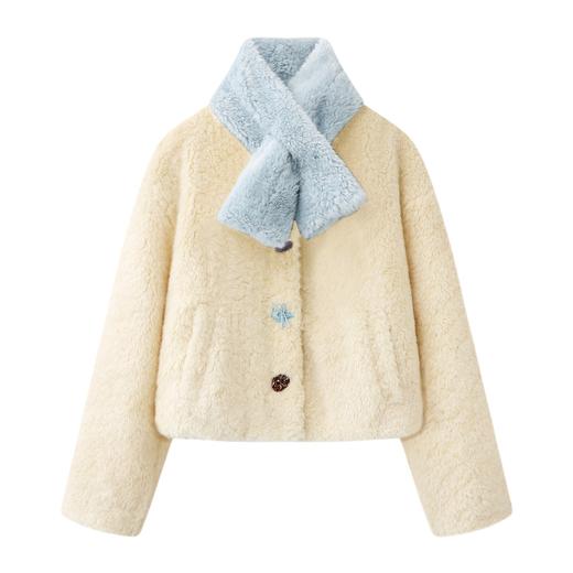 D112054浅黄色带围巾毛毛外套夹棉短款25秋冬季新款女装蓝色长袖上衣 商品图1