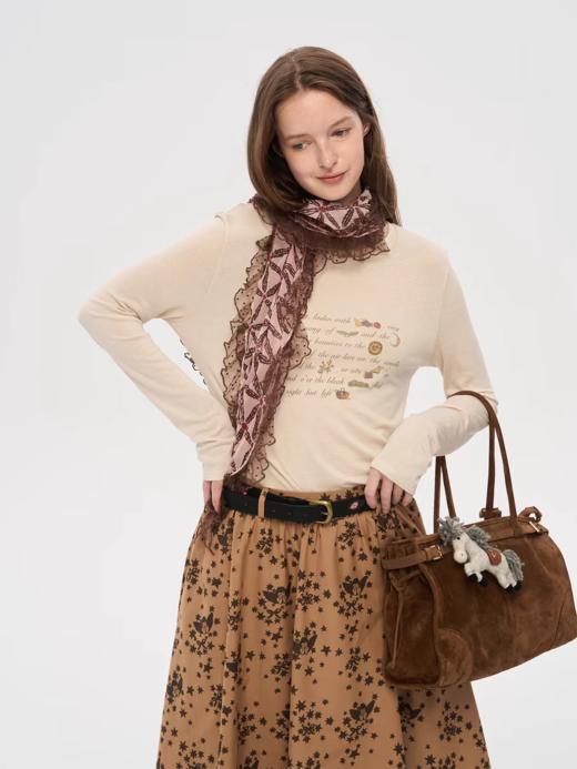 local tag/lt25awk09/丰收祝福手写信 复古印花基础长袖圆领T恤上衣 商品图1