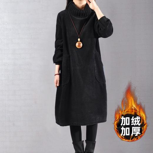 秋冬加绒加厚新款复古灯芯绒高领条绒连衣裙中长款 商品图2